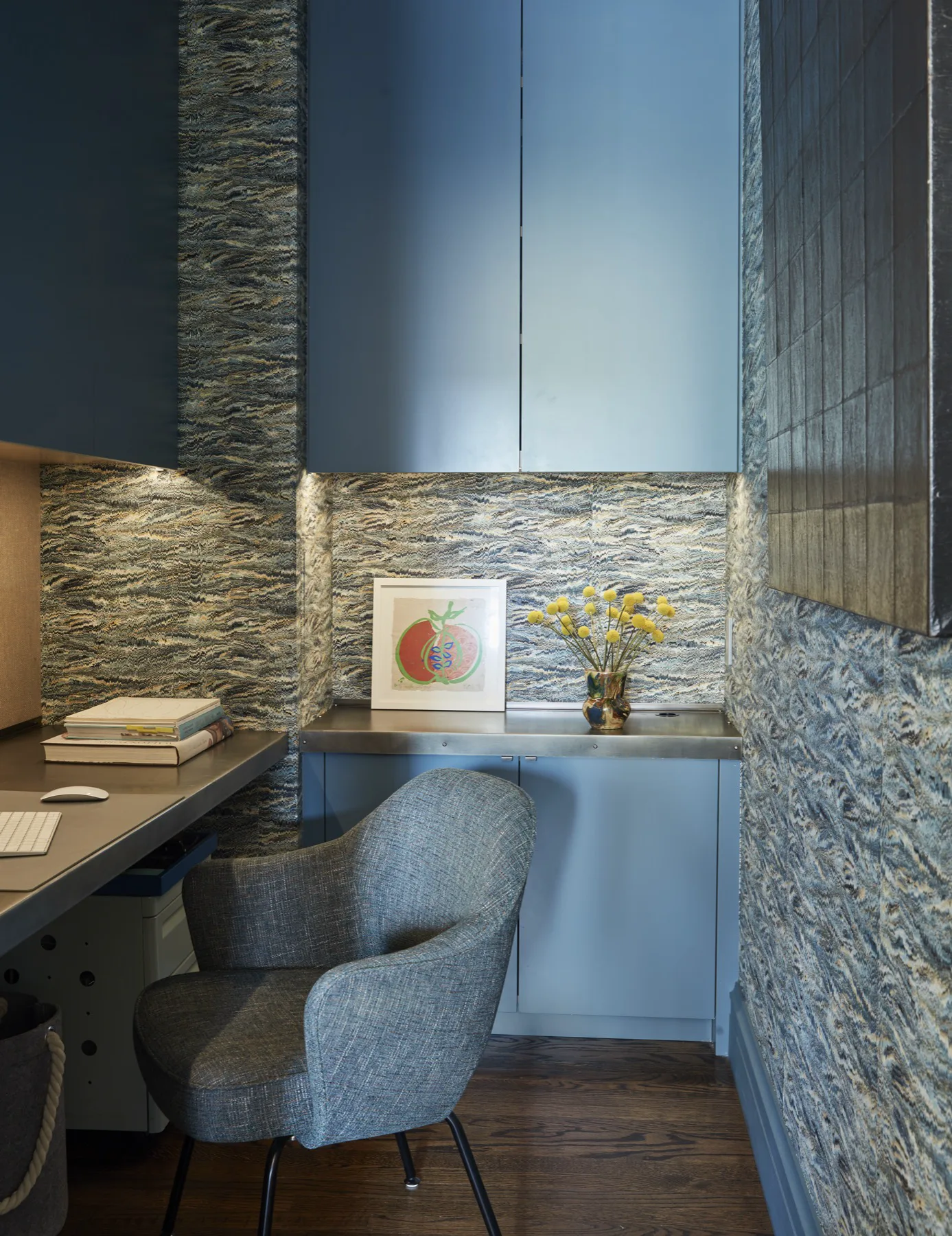 Woad-blue interior with antique furnishings and European sensibility, Chelsea New York