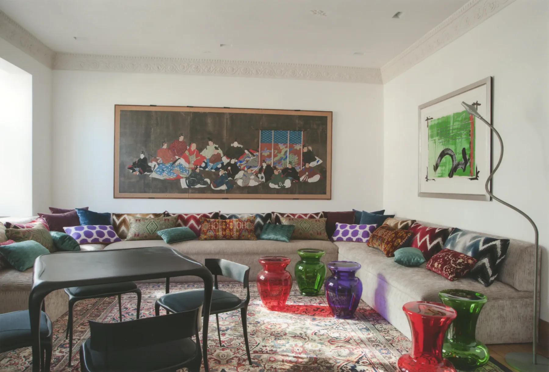 Layered neutral interior with warm linen, natural stone and curated antiques, Manhattan